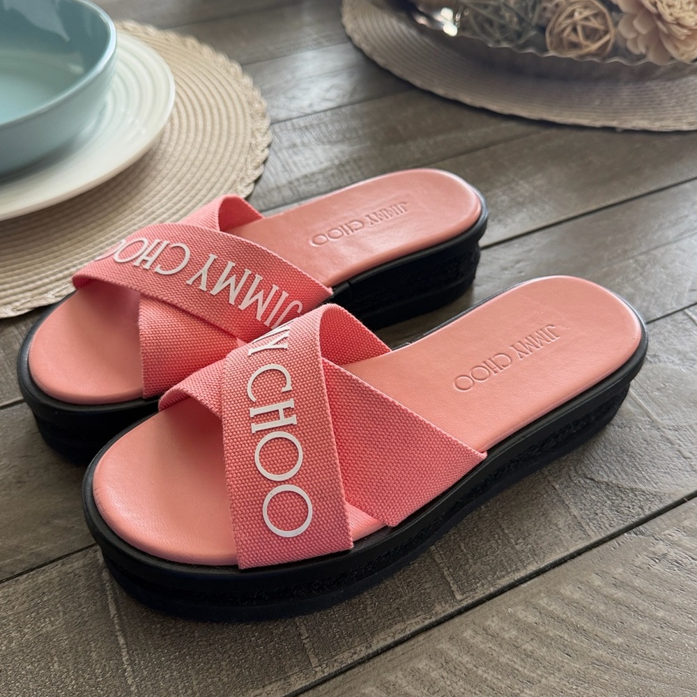Jimmy Choo Pink Crossover Strap Sandals
